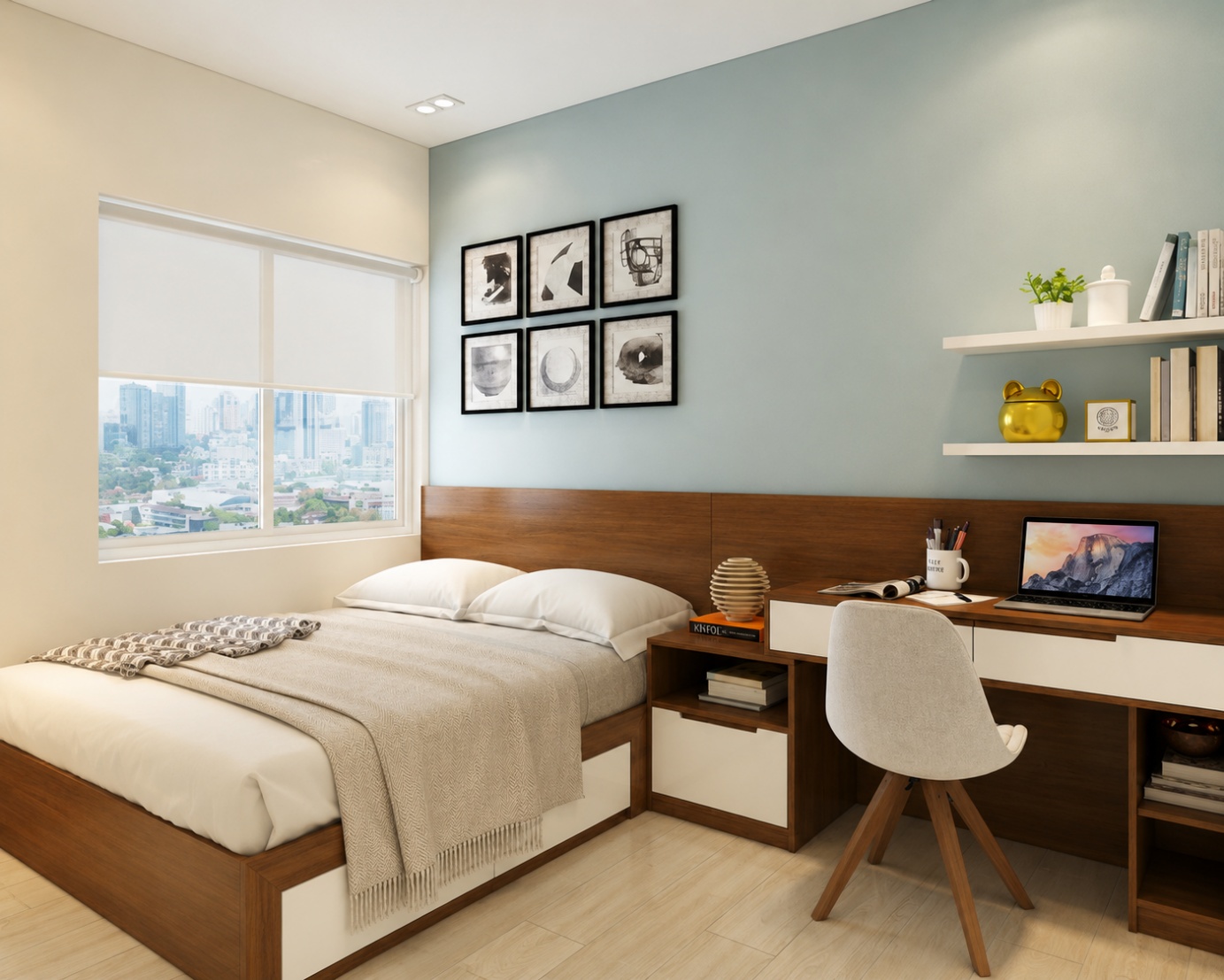 Bàn làm việc kết hợp thiết kế kệ sách hai bên, treo tường tiện lợi