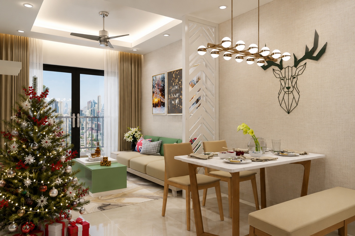 Bộ bàn ăn đơn giản kết hợp đèn chùm nổi bật