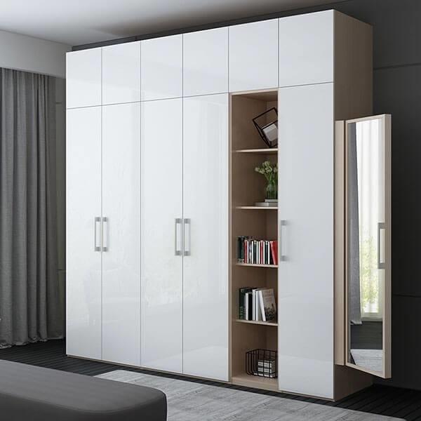Mẫu tủ quần áo Melamine trắng kết hợp kệ sách hiện đại, sang trọng