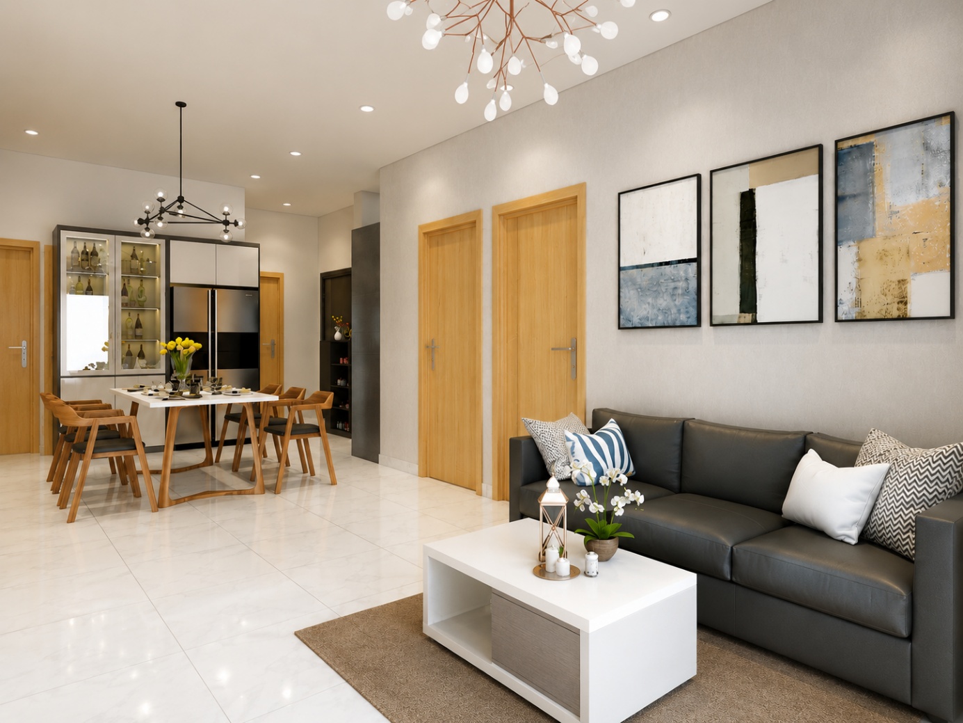 Nội thất bếp liền khách hiện đại, tiết kiệm diện tích chung cư