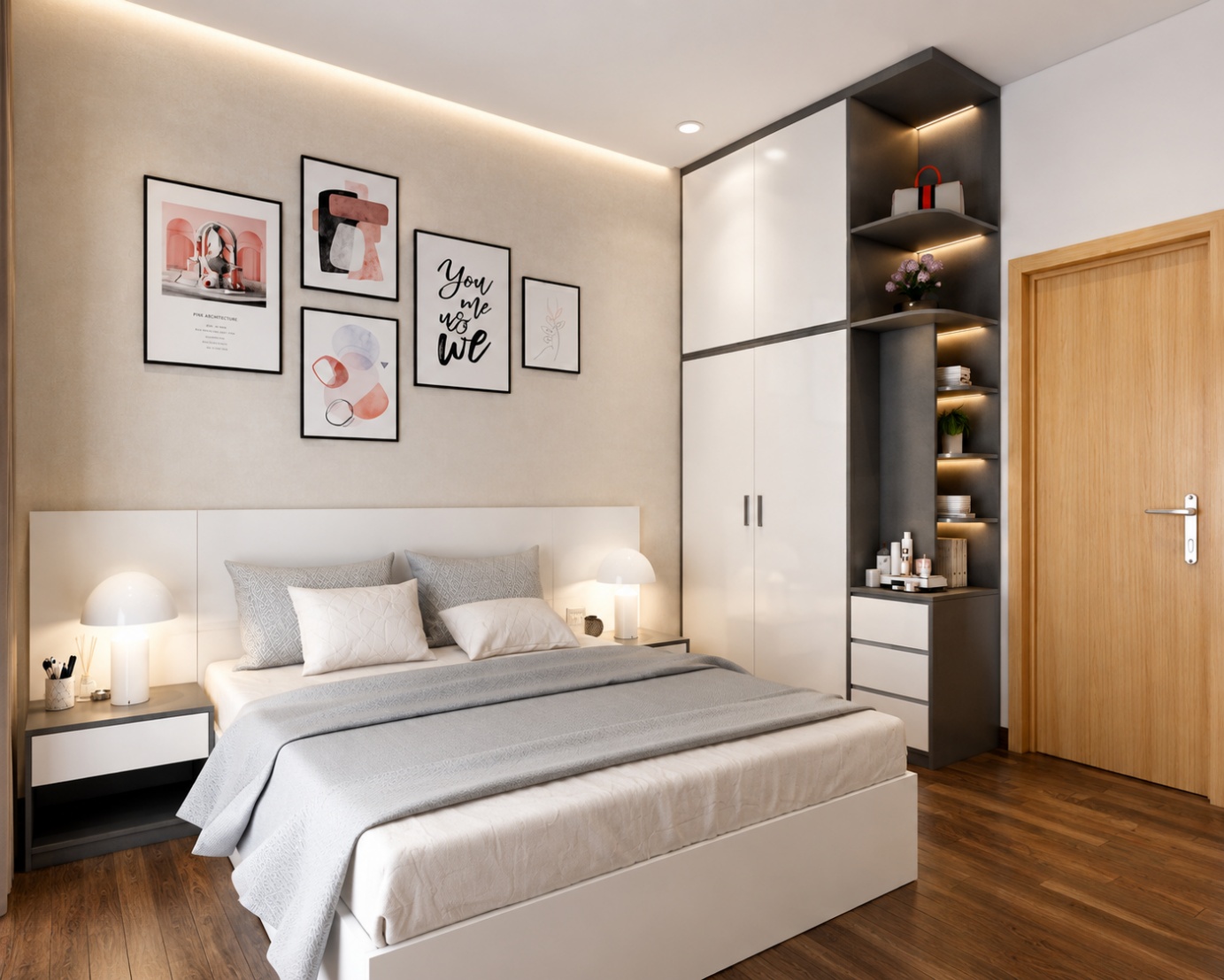 Phòng ngủ hiện đại thi công bằng gỗ công nghiệp phủ Acrylic bóng gương