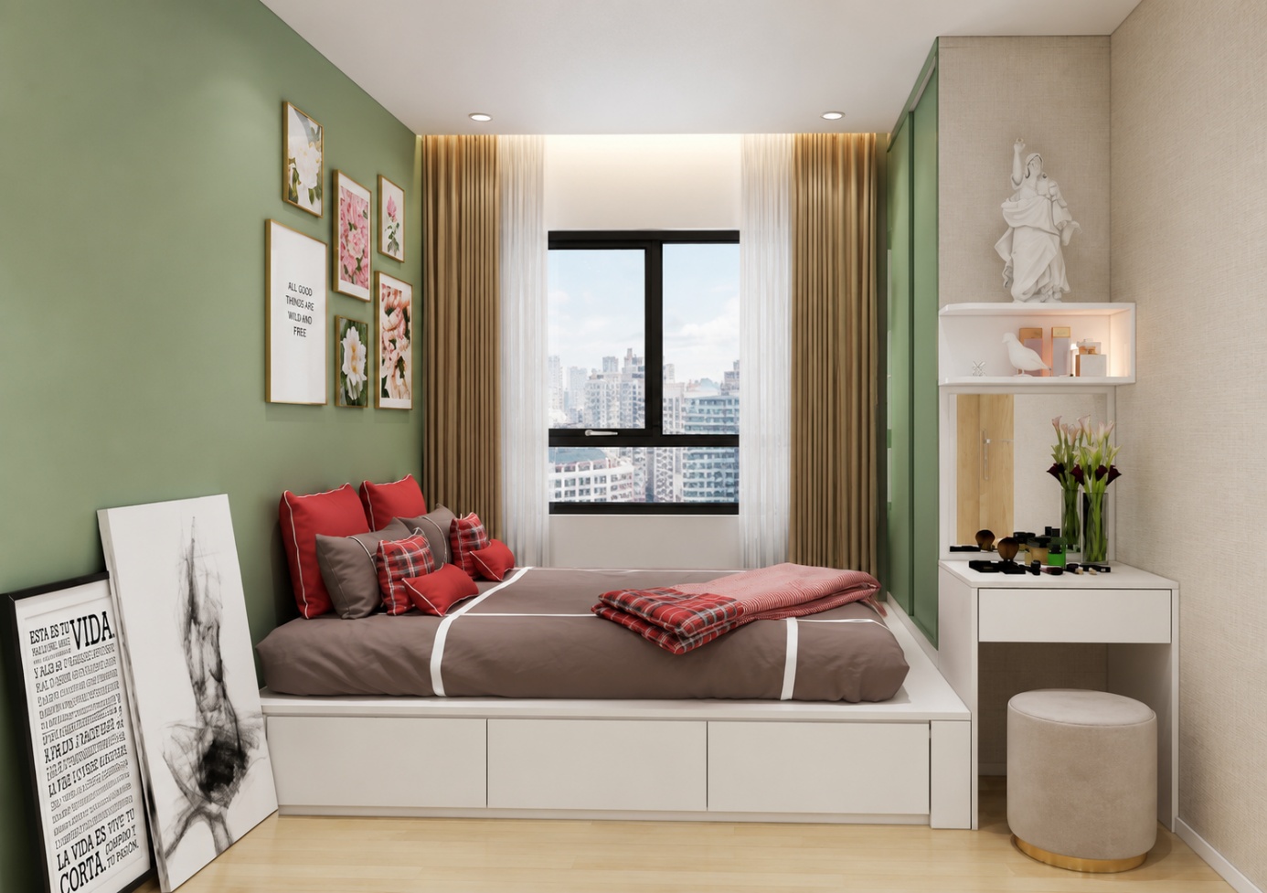 Tận dụng góc trống dưới giường thi công bàn trang điểm