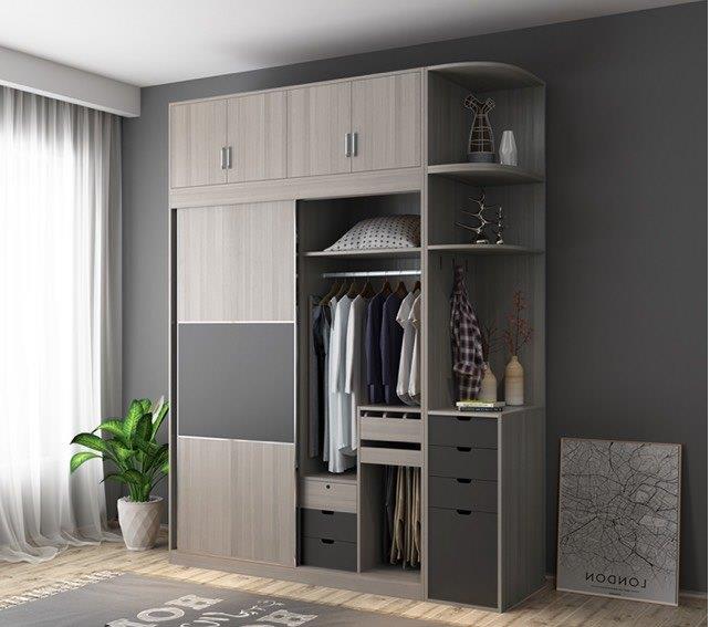 Tủ quần áo Melamine vân gỗ kết hợp kệ trang trí đẹp, tiện nghi